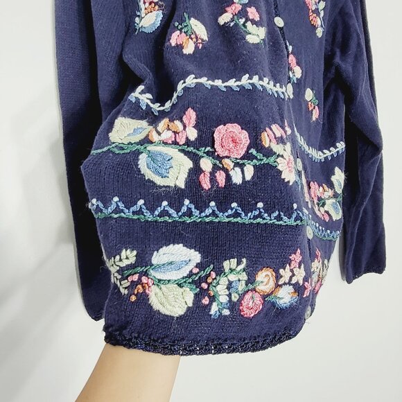 Carol Rose Vintage Navy Blue Knit Cardigan Floral Embroidery Grandma Cottagecore - Picture 5 of 12
